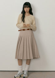 Wool Pleated Midi Skirt In Beige