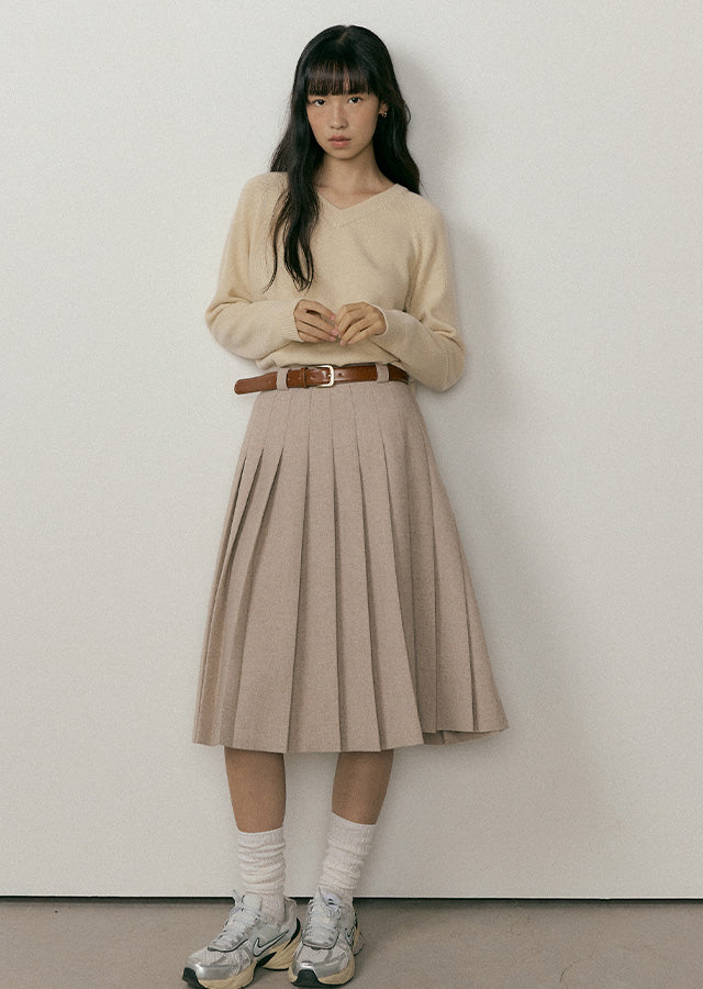 Wool Pleated Midi Skirt In Beige