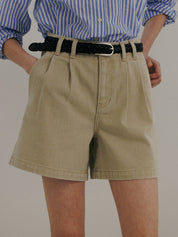Denim Tuck Shorts In Beige
