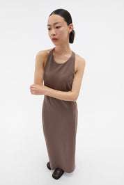 Slim Fit Asymmetrical Open-back Dress In Taupe