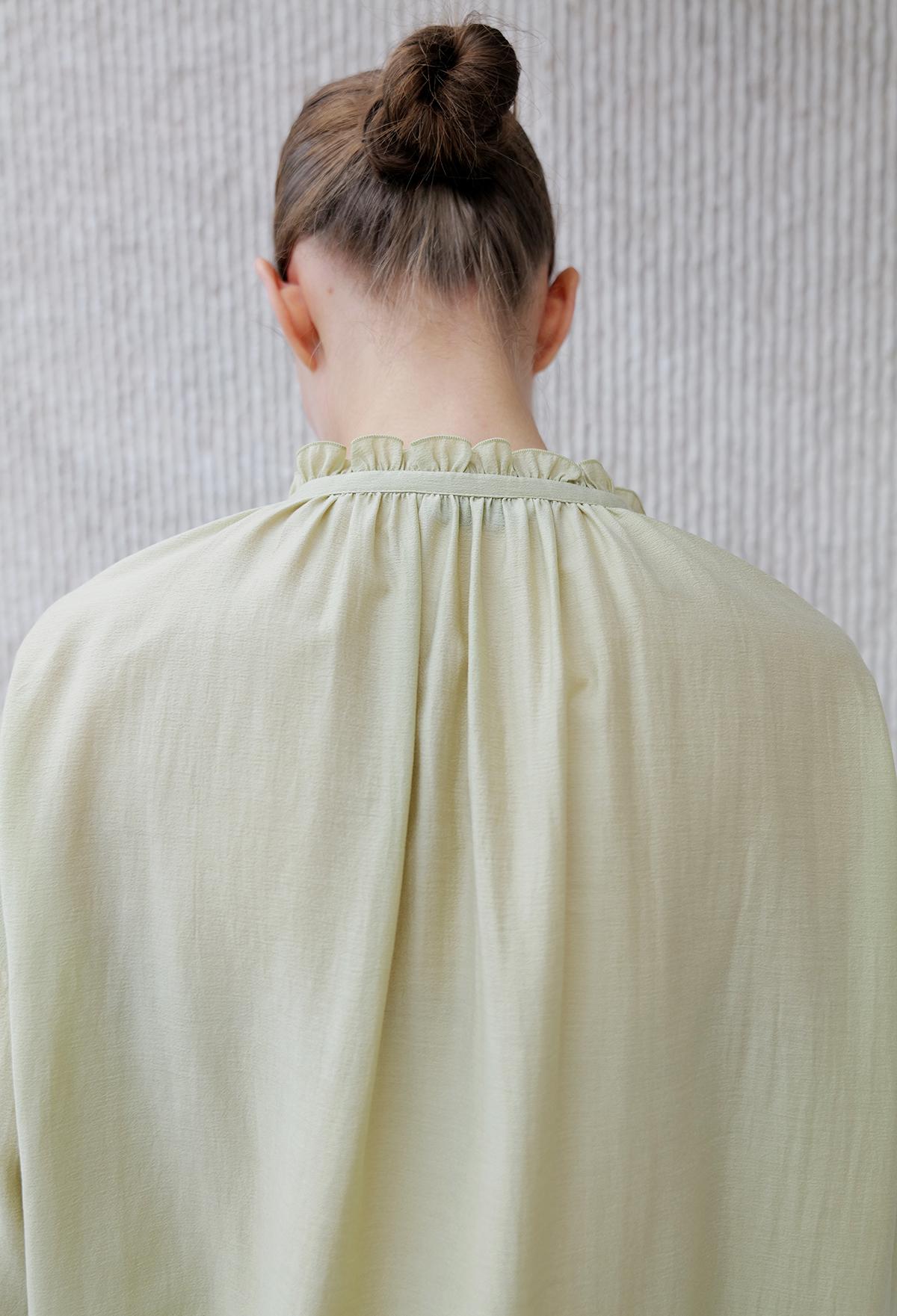Frill-neck Ruched Blouse In Light Green