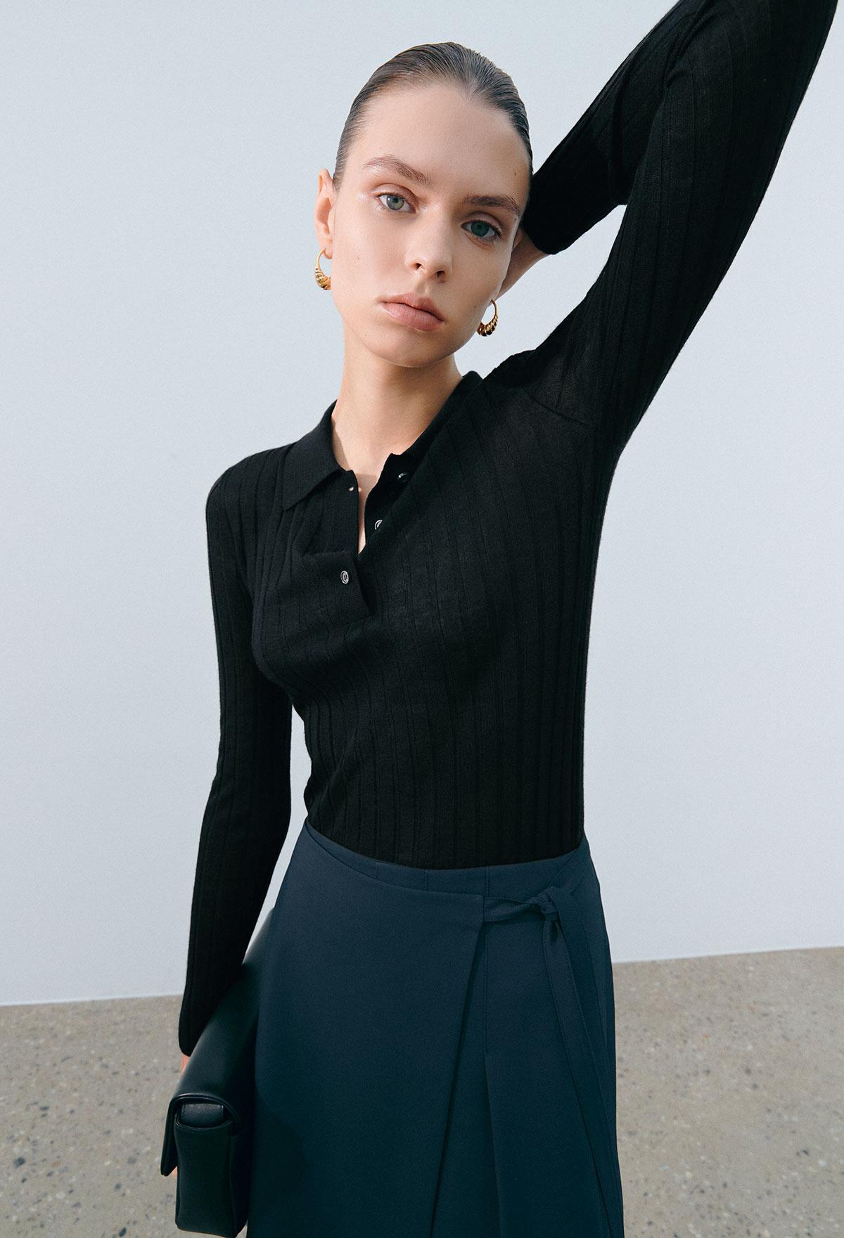 Wool Tencel Knitted Polo Shirt In Black