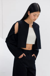 Denim Shirring Crop Jacket In Black