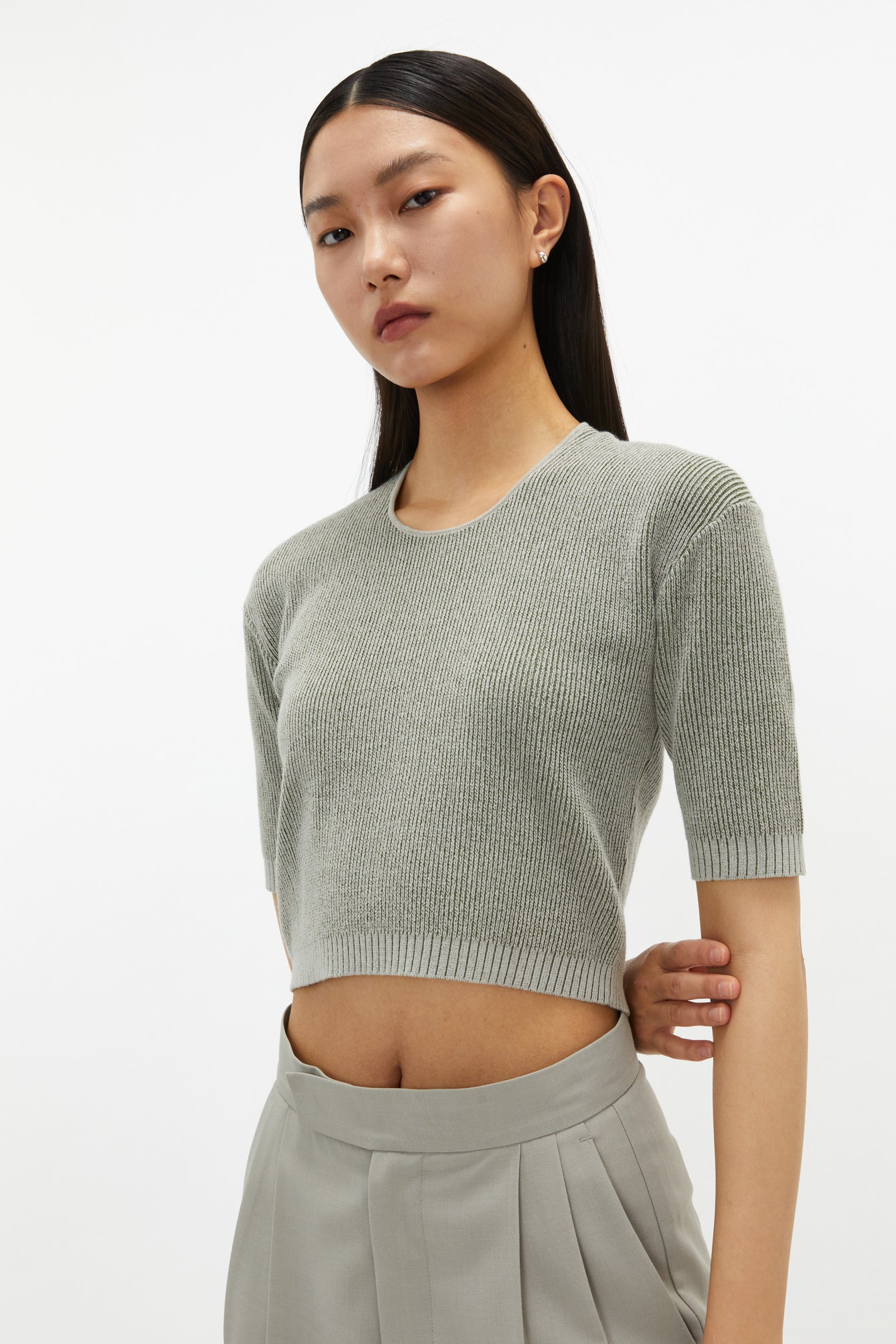 Square-neck Mixed Knit Top In Green