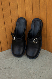 Slim Buckle Mules In Black