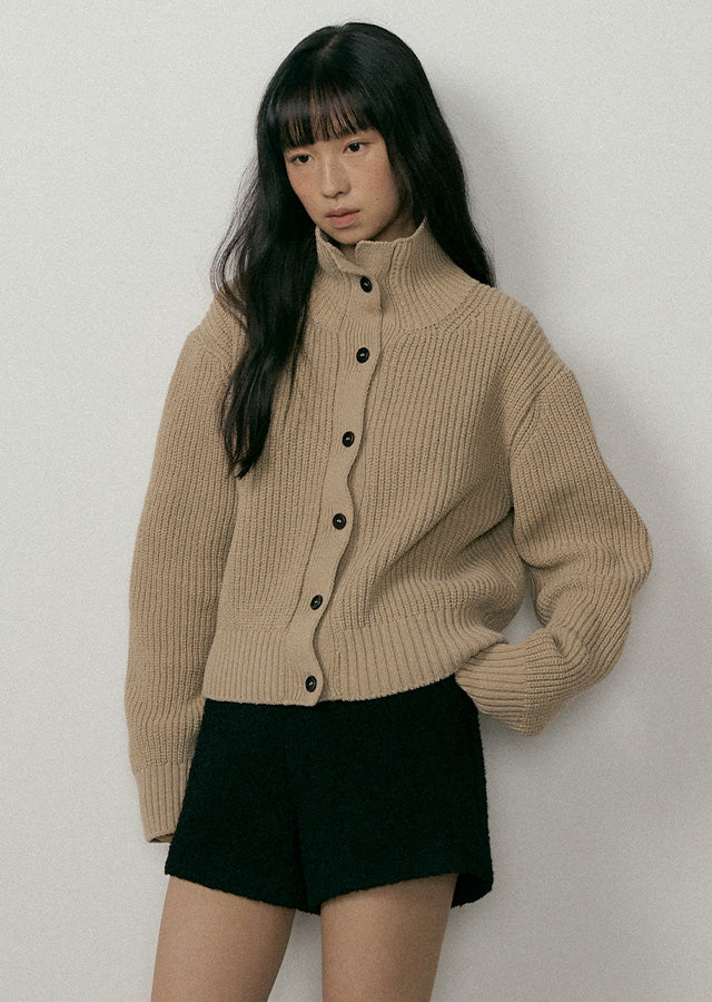 Wool High-neck Knit Cardigan In Beige