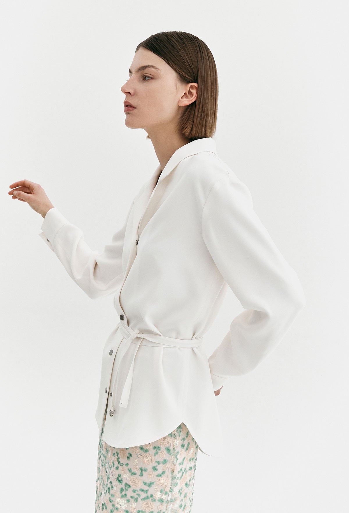 Snap Button Belted Shirt In Ivory