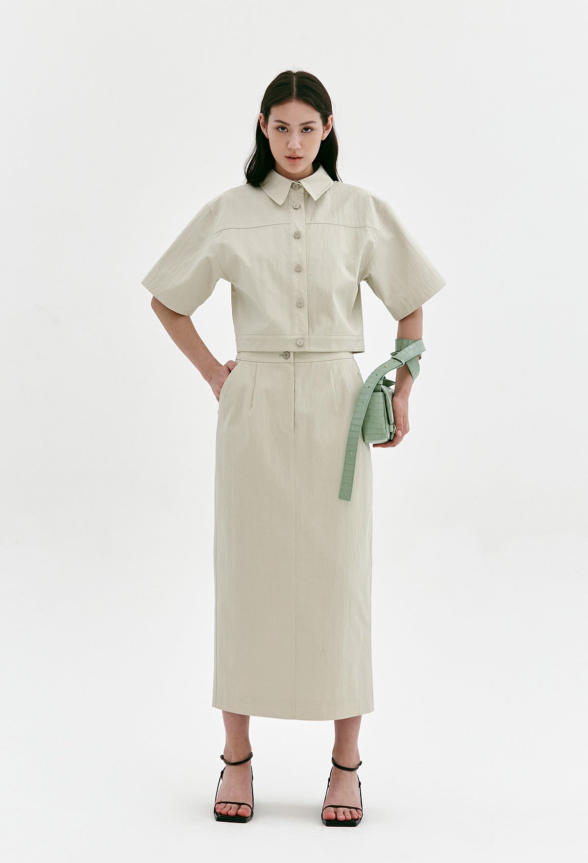Cotton-blend Midi Skirt In Light Beige