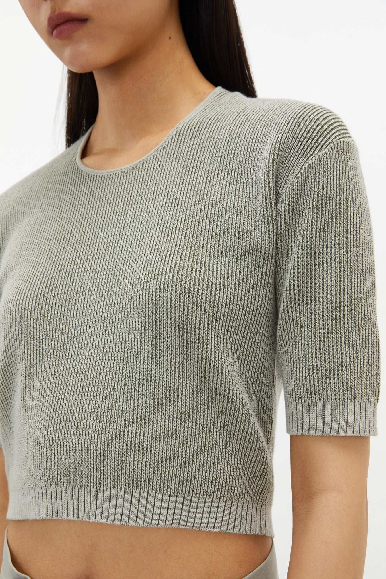 Square-neck Mixed Knit Top In Green