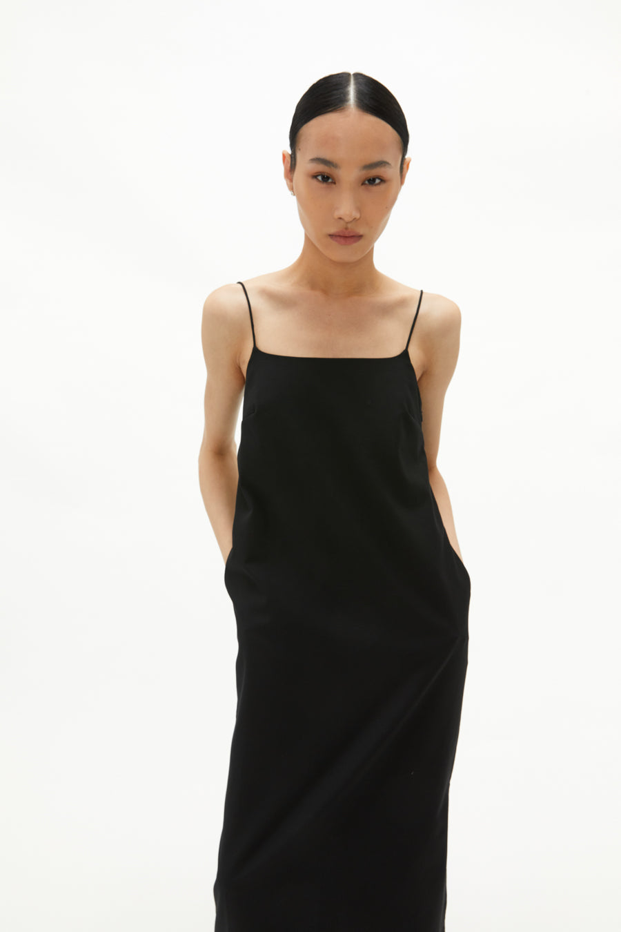 Classic Straight Thin-Strap Tailored Dress In Black