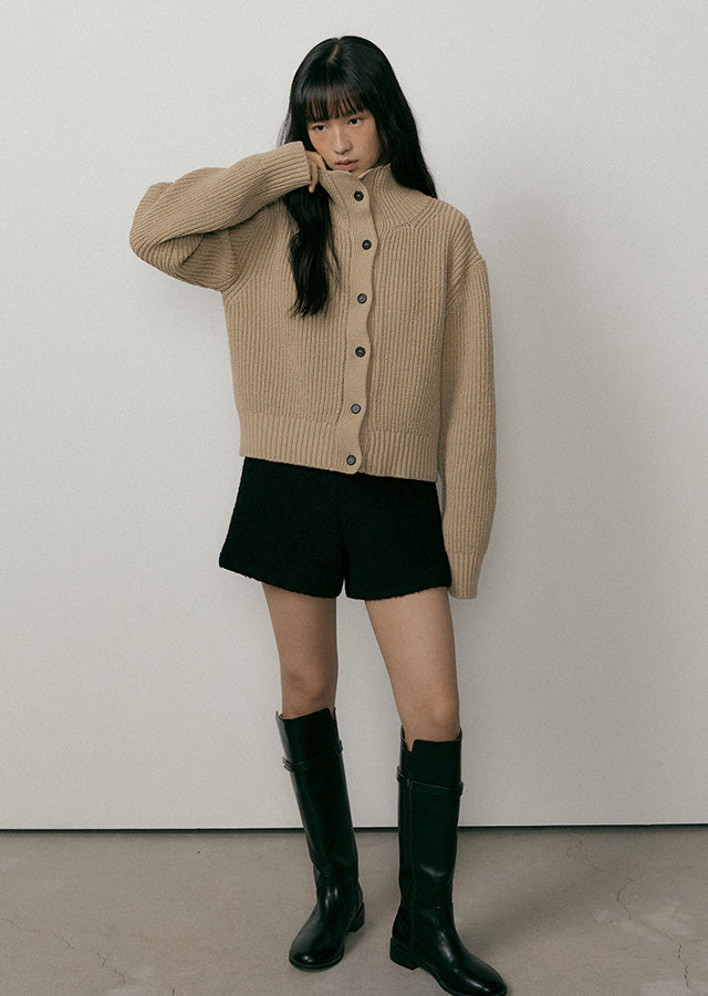 Wool High-neck Knit Cardigan In Beige