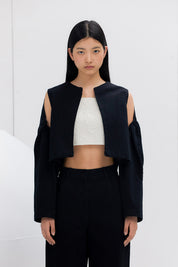 Denim Shirring Crop Jacket In Black