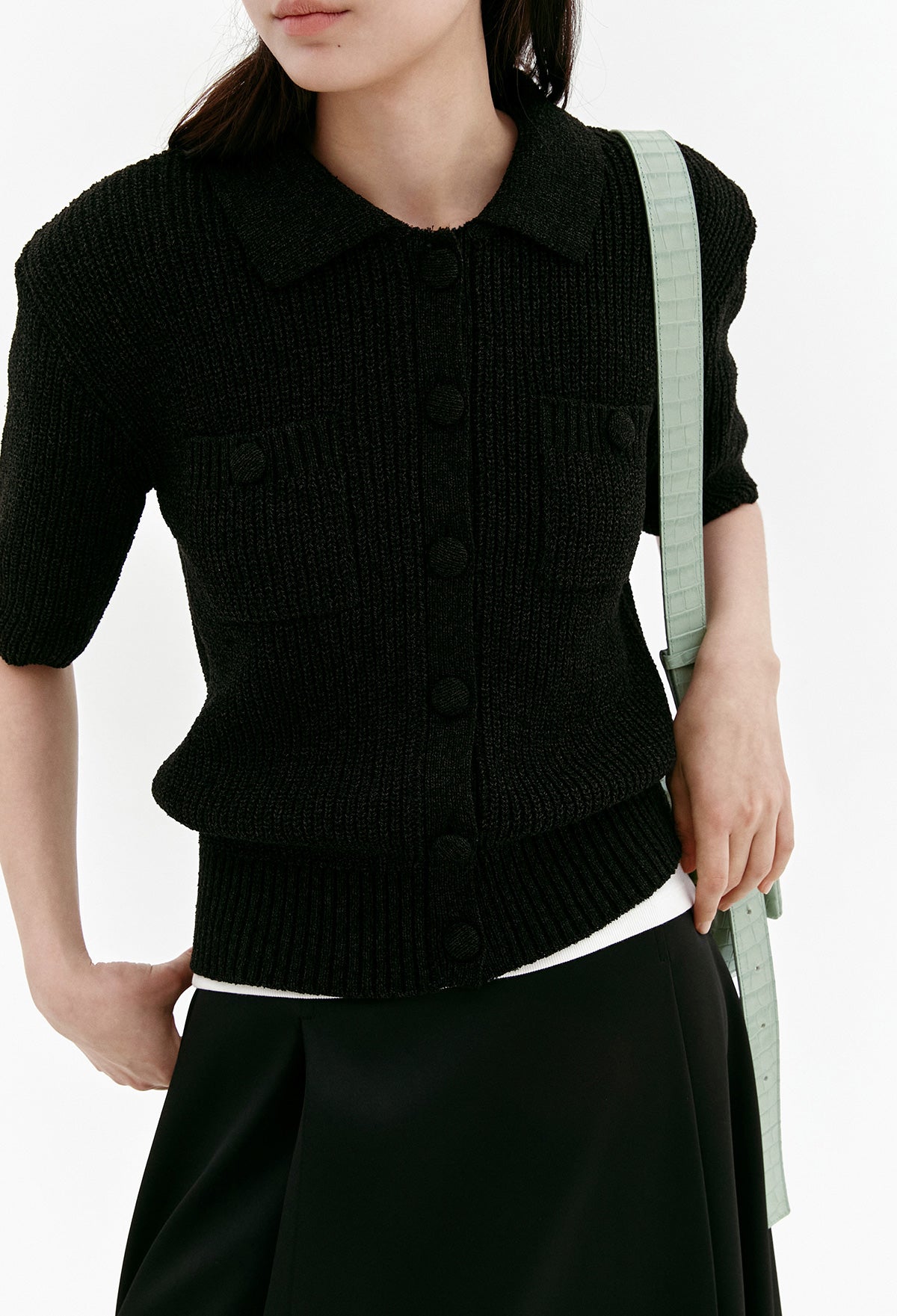 Melange Half-sleeve Cardigan In Black