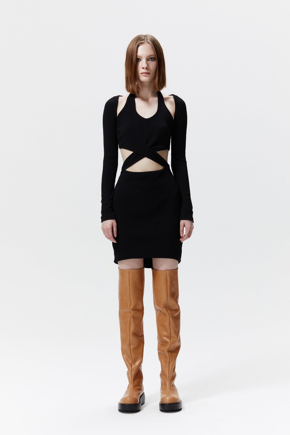 Cut-out & Twist Ribbed Jersey Dress In Black