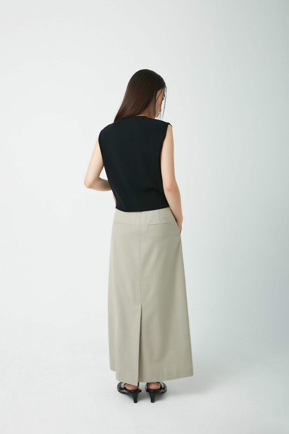 Long Slit Skirt In Greyish Olive