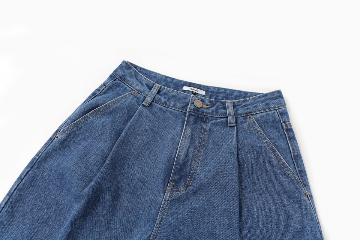 Pintuck Wide Denim Pants In Medium Blue - STORiES Hong Kong