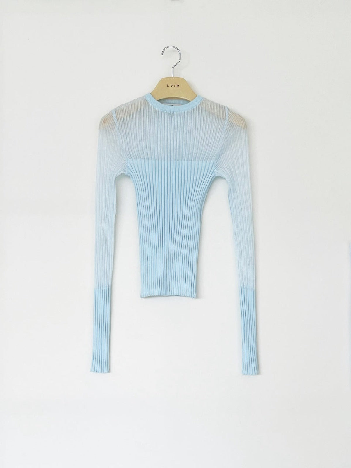 Ribbed See-through Color Block Pullover In Sky Blue