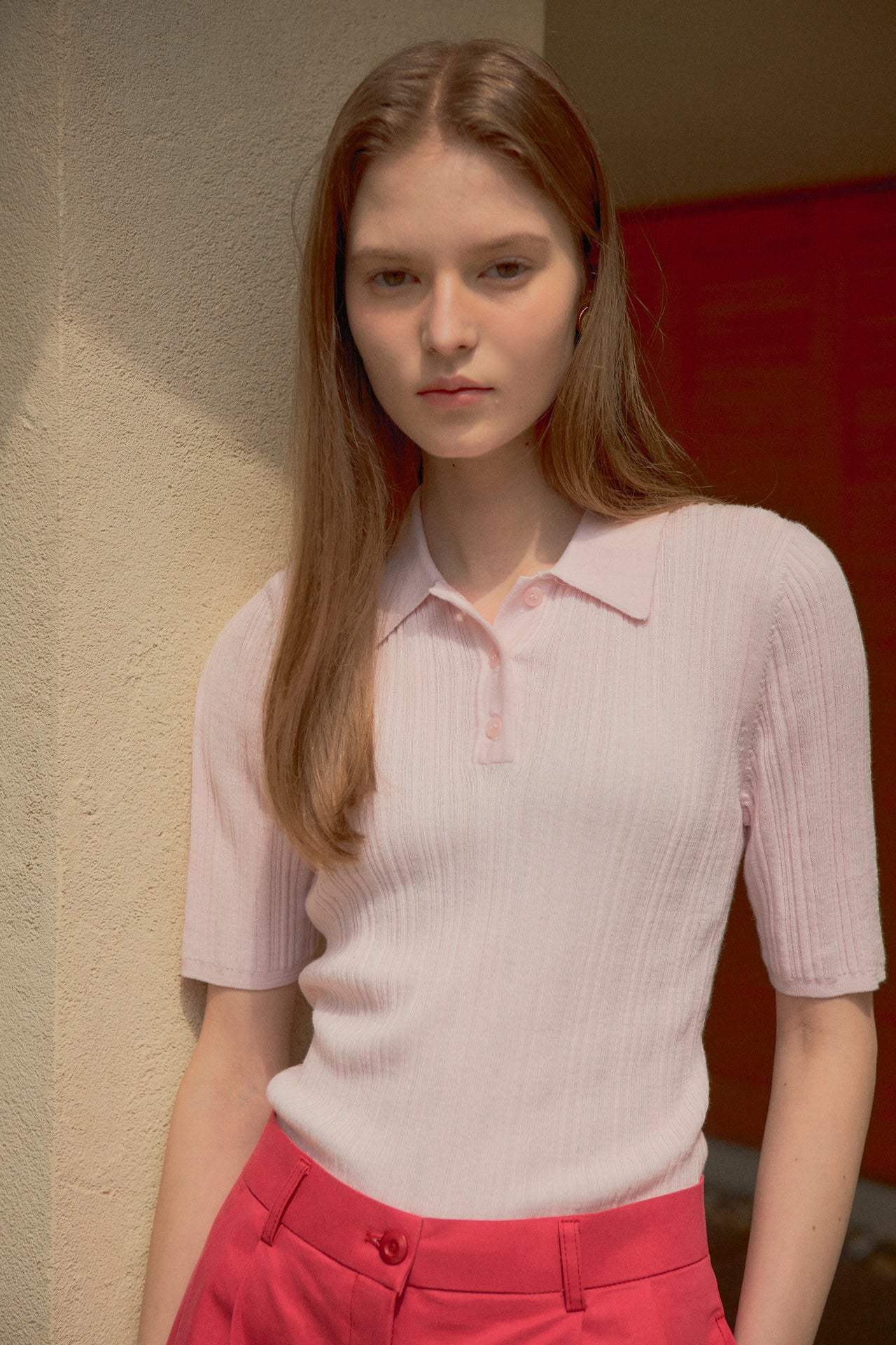 Slim Collar Ribbed Knit In Power Pink