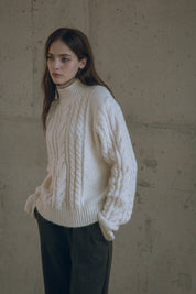 Half Neck Wool Cable Knit In Cream