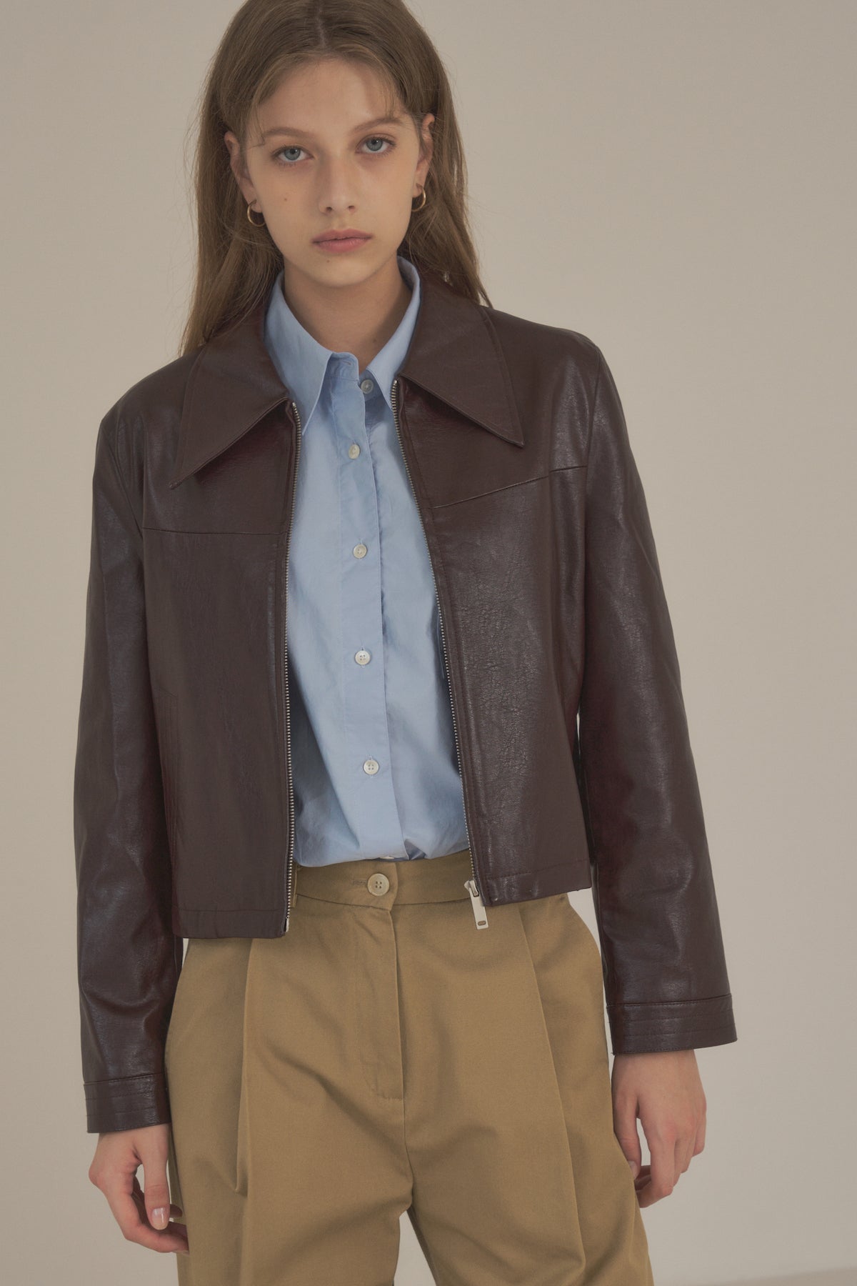 Faux Leather Crop Jacket In Burgundy Brown