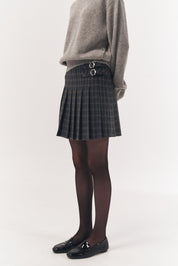 Buckle Pleats Mini Check Skirt In Grey Check