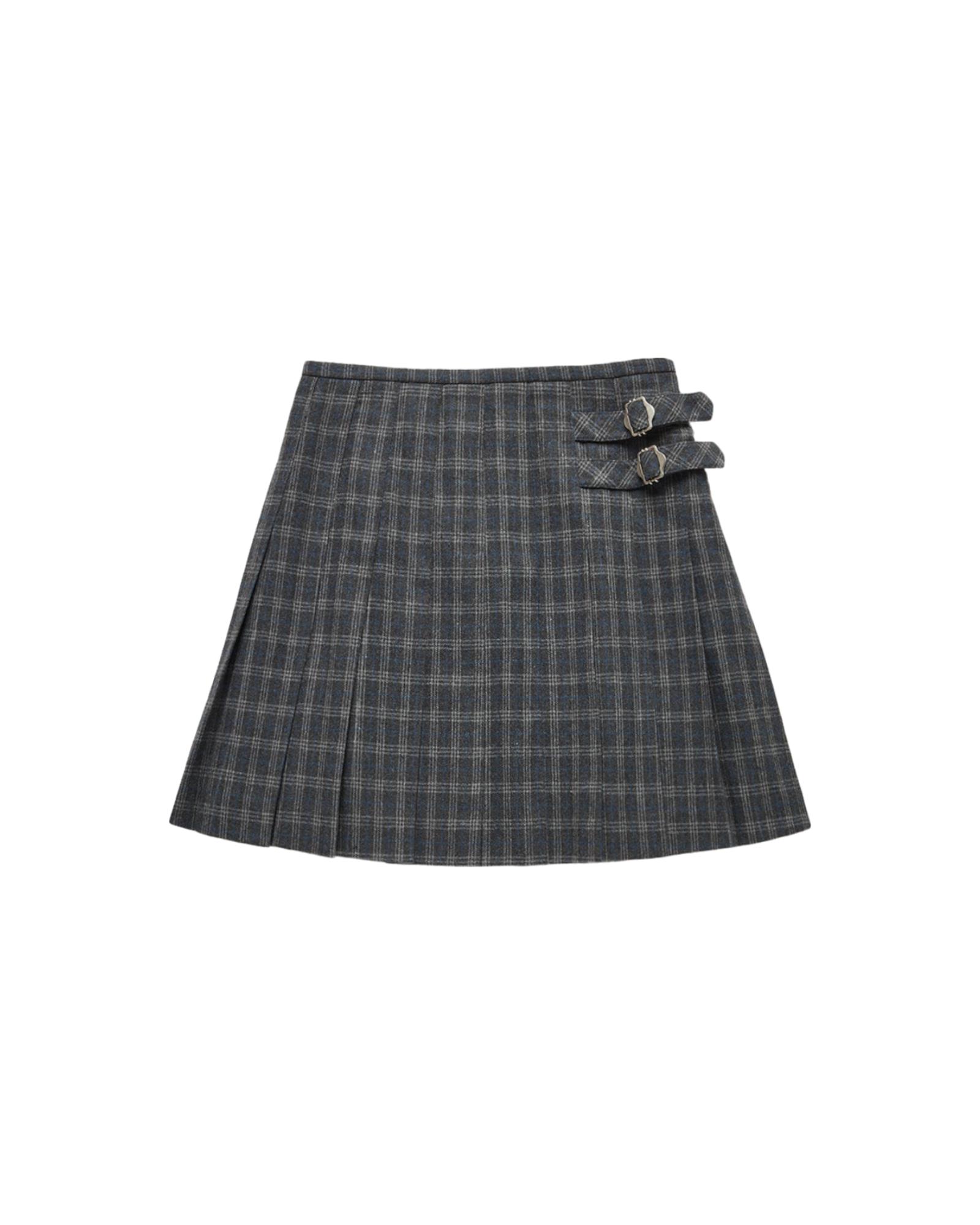Buckle Pleats Mini Check Skirt In Grey Check