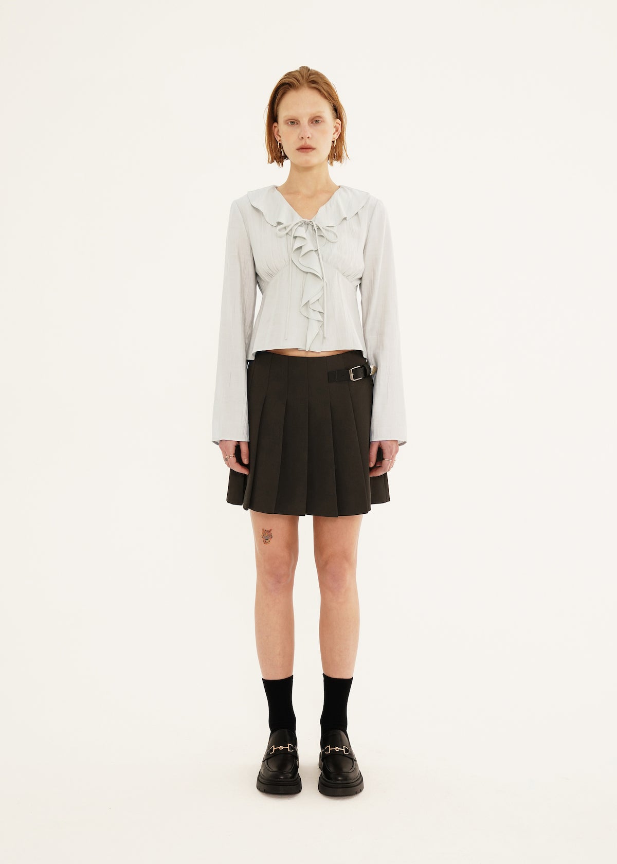 Belt Pleats Skirt In Dark Gray