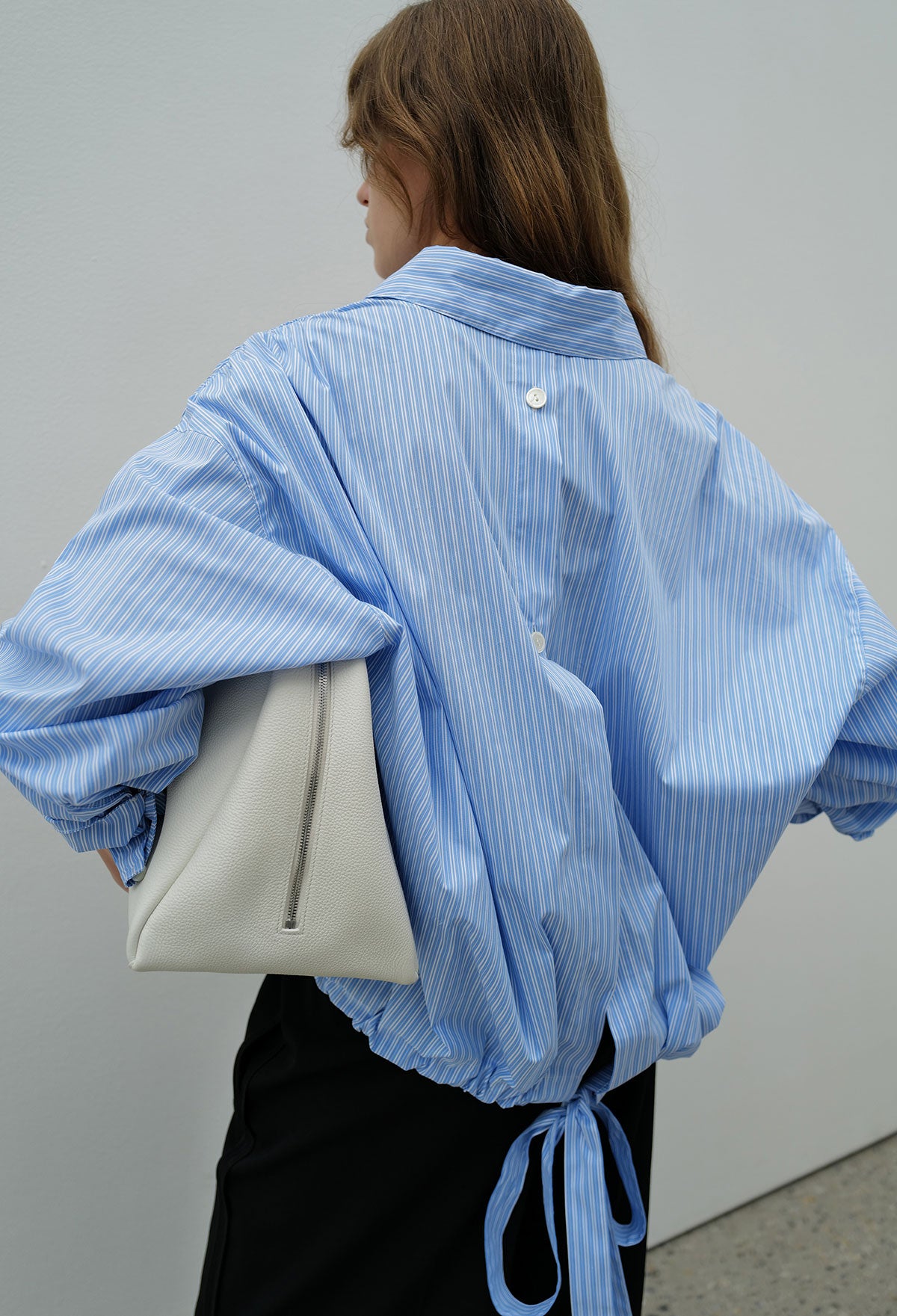 Back Slit Drawstring-hem Shirt In Striped Blue