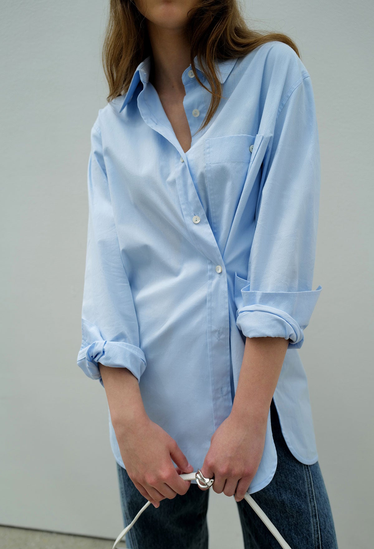 Back Slit Wrap Shirt In Light Blue - STORiES Hong Kong