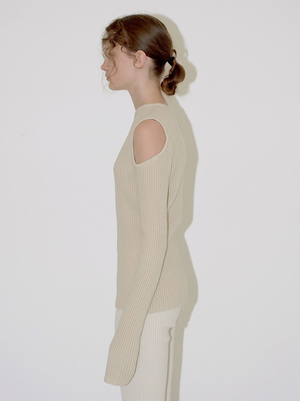 One Off Shoulder Hole Knit Top In Beige
