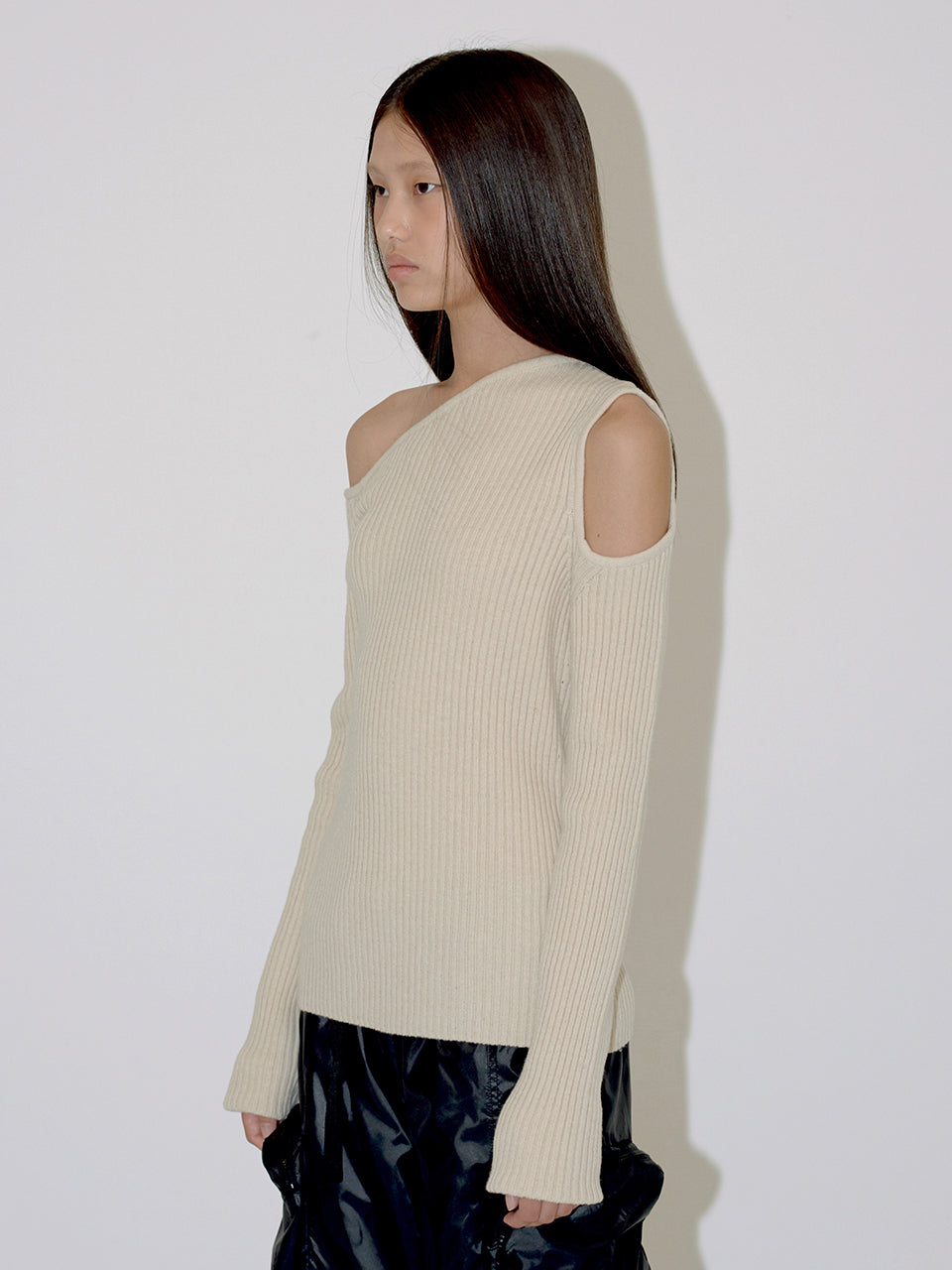 One Off Shoulder Hole Knit Top In Beige