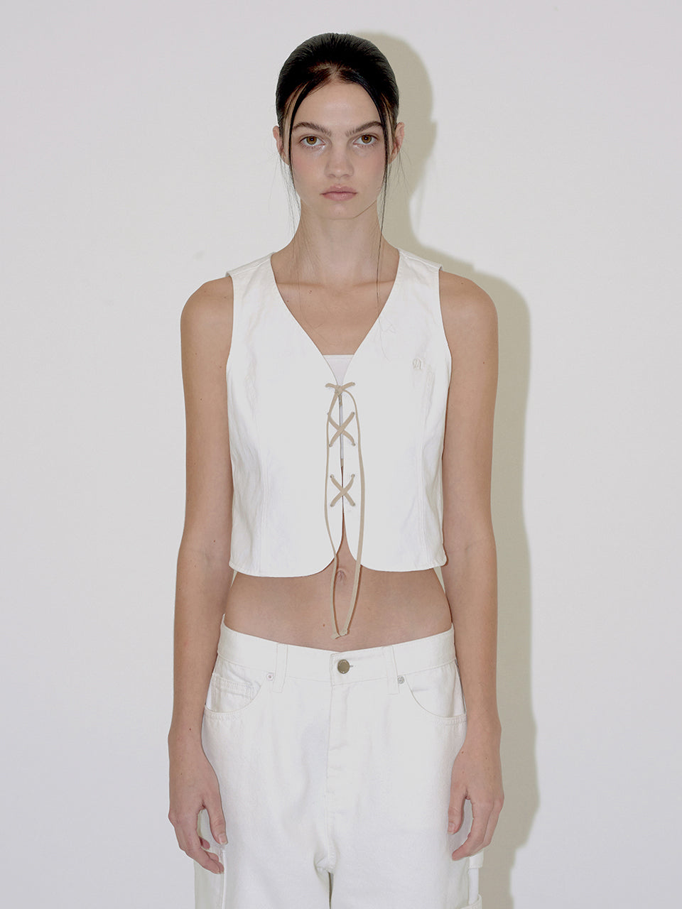 Cotton Lace Up Vest In White