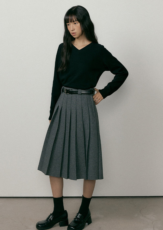 Wool Pleated Midi Skirt In Charcoal