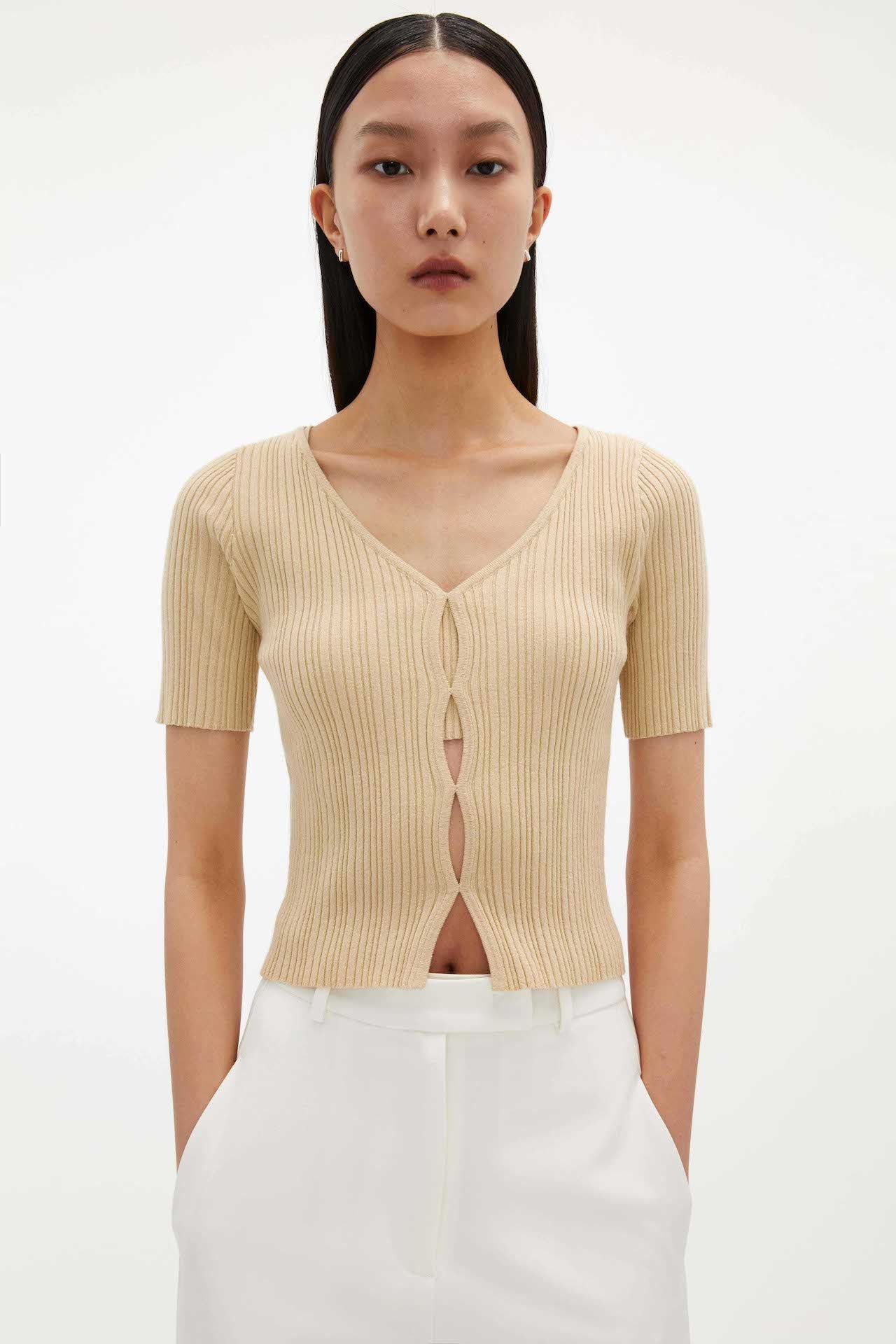 Open-Front Ribbed Knit Top In Yellow