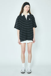 Terry Stripe Lugby T-Shirt In Charcoal