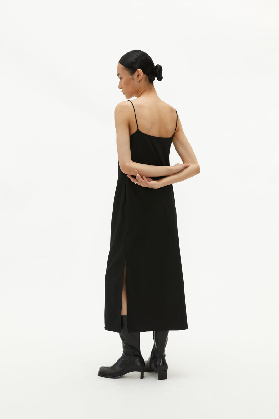 Classic Straight Thin-Strap Tailored Dress In Black