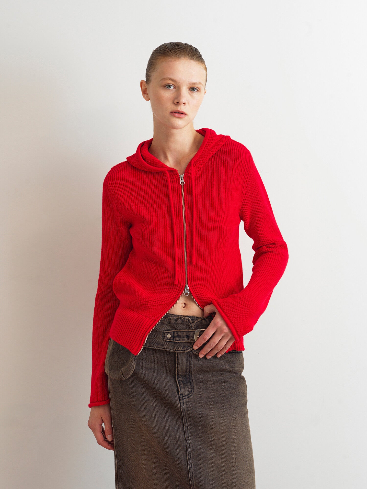 Knit Hoodie Zip-up In Red