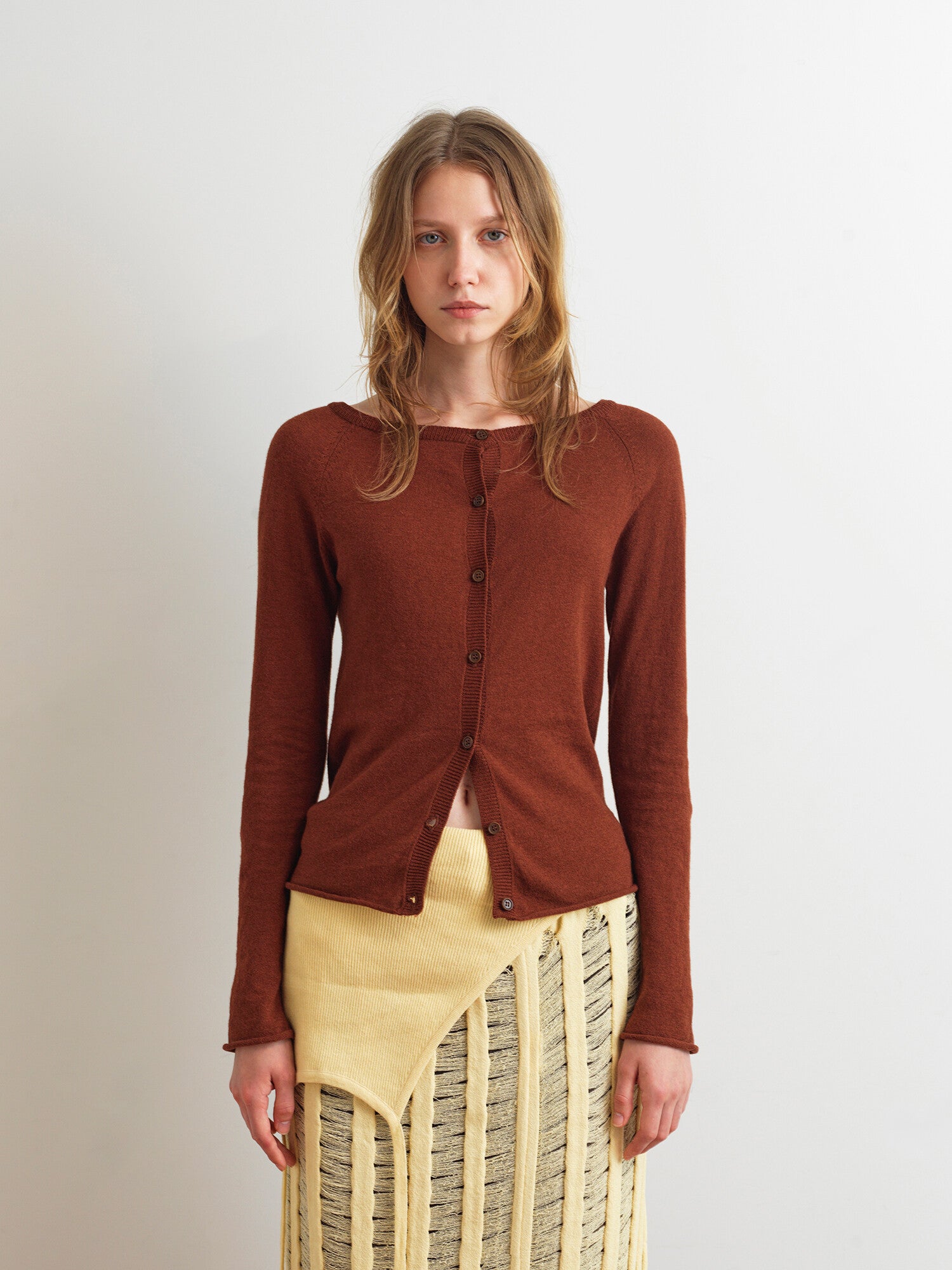 Boat Neck Two Way Cardigan In Brick Brown