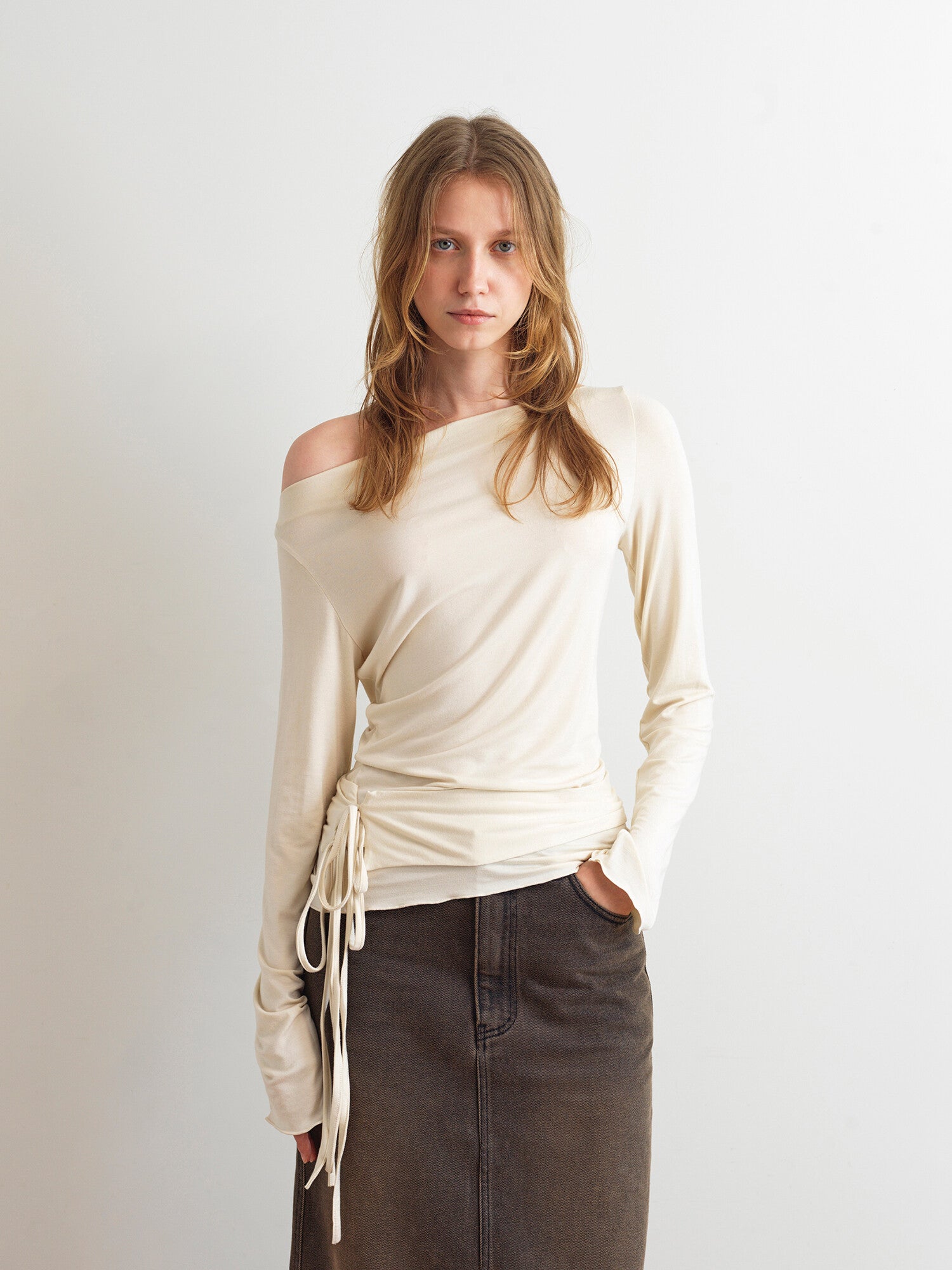 Boat Neck Two Way Strap Top In Cream