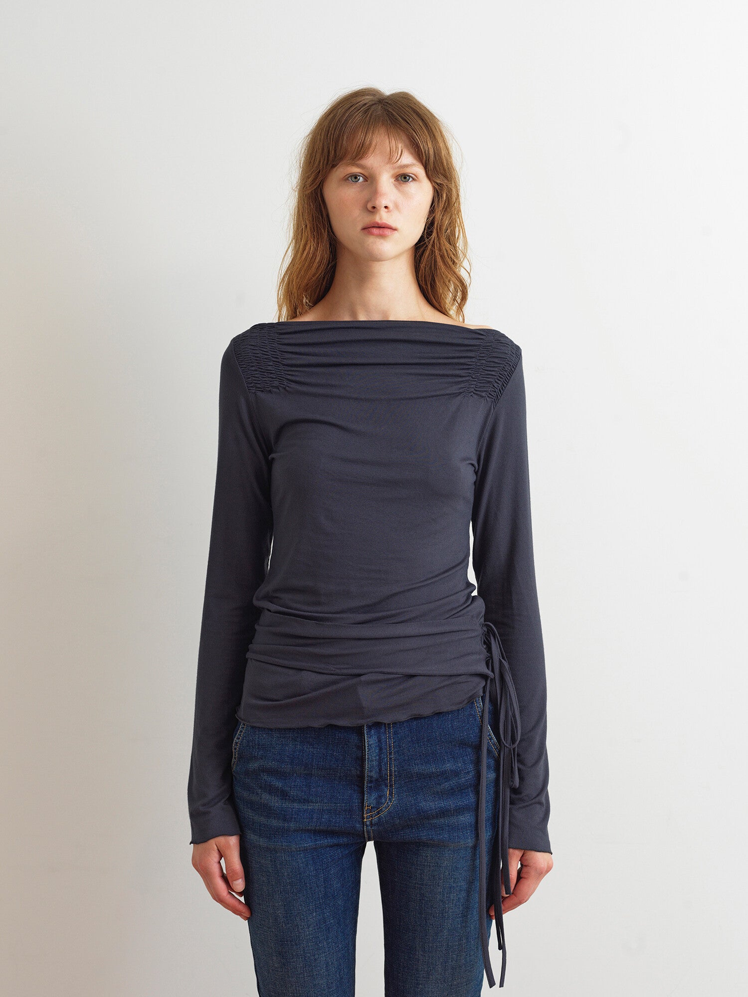 Boat Neck Two Way Strap Top In Charcoal