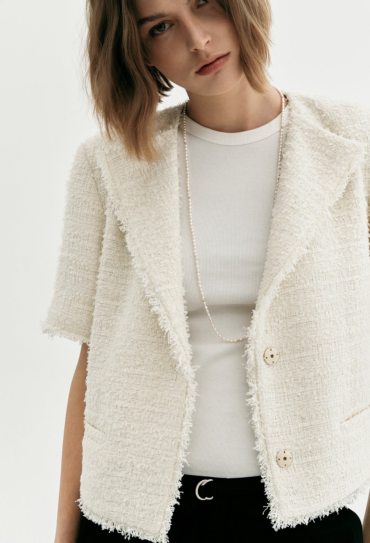 Half-sleeve Tweed Jacket In Ivory