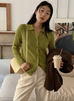 Wool Collar Knit Cardigan In Green