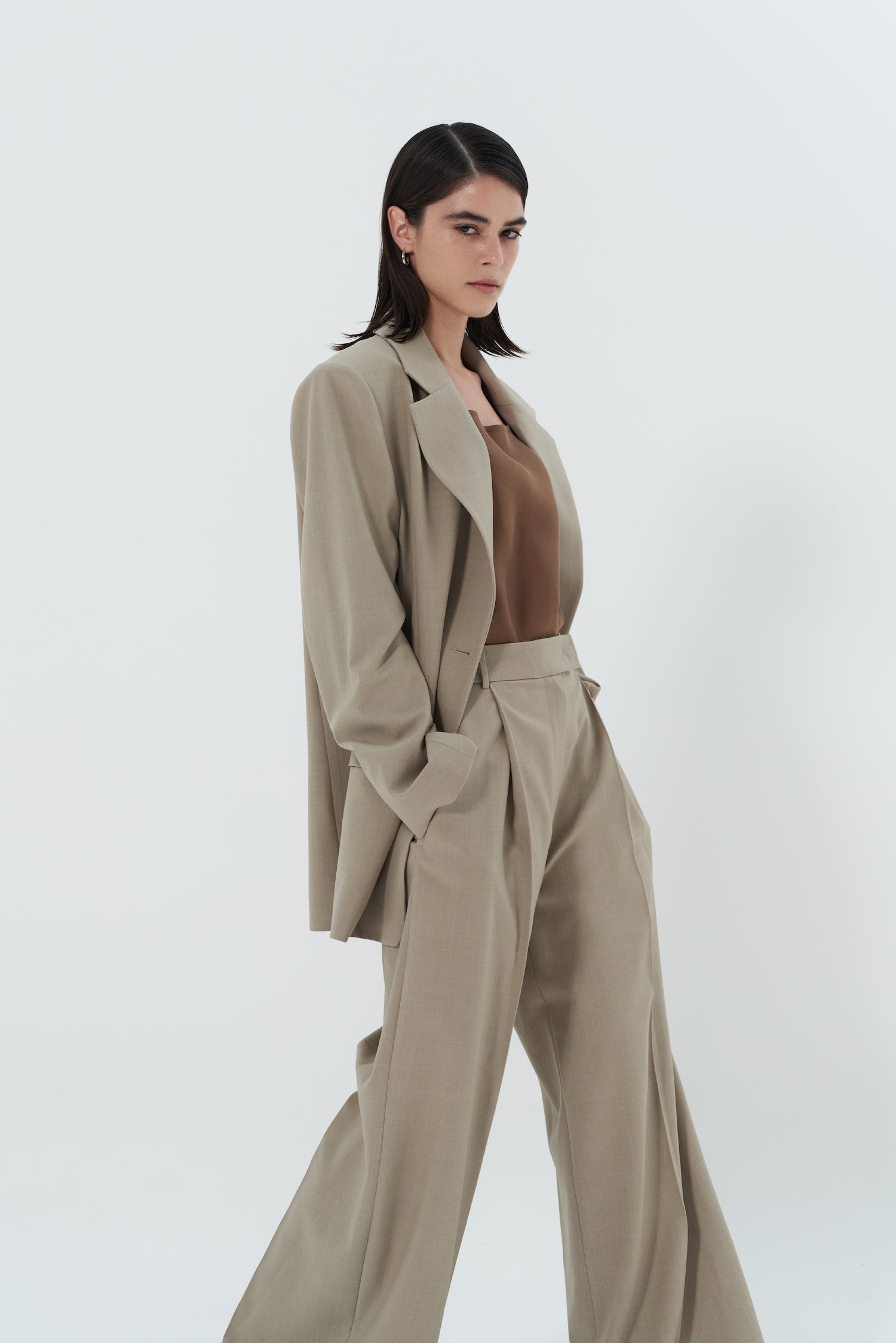 Liz Wool Tuck Wide Pants In Beige - STORiES Hong Kong