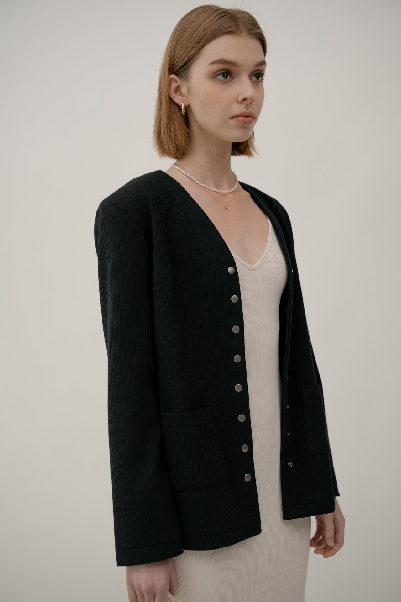 Ribbed Button-up Jacket In Black