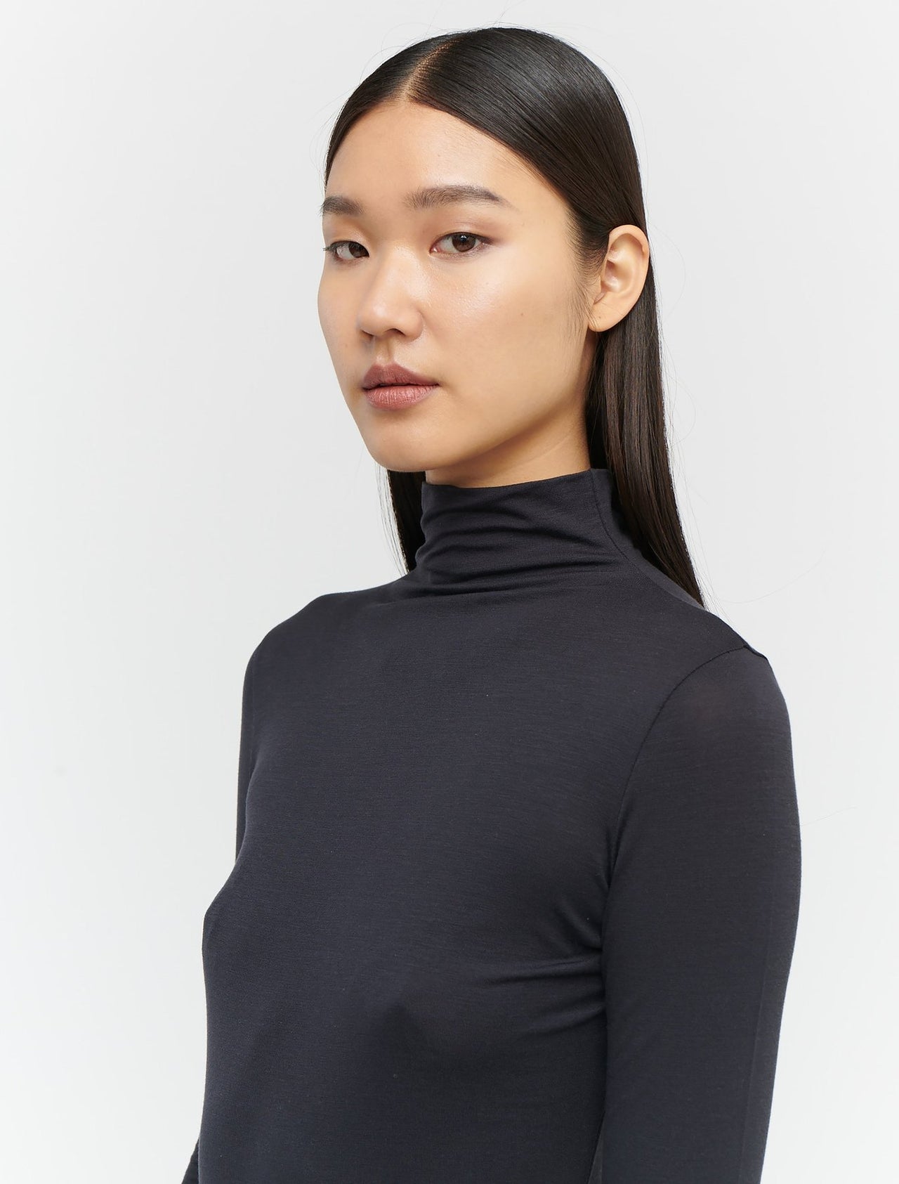 Stretch Tencel™ High Cowl Neck Long Sleeve Top In Charcoal