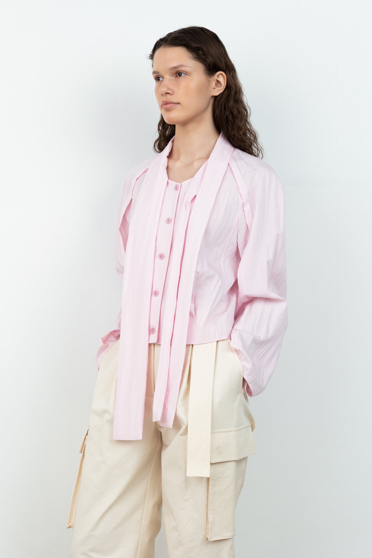 Tie-Collar Cotton Blouse In Pink