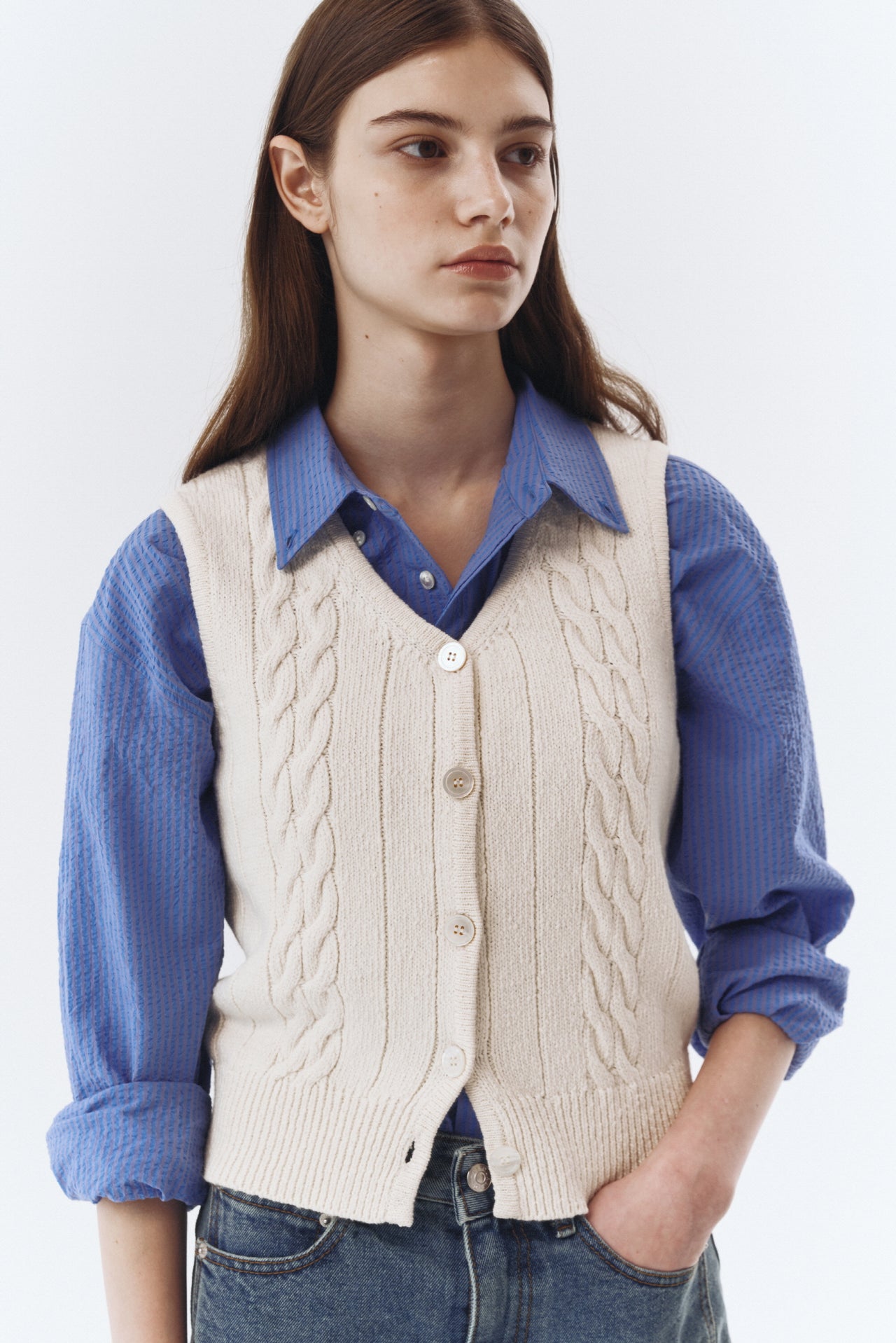 Buttoned Cable Knit Vest In Cream