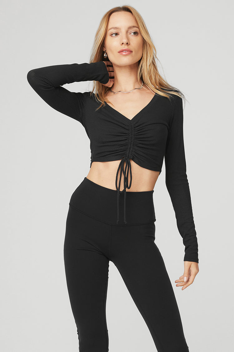 Ribbed Cinch Cropped Long Sleeve In Black