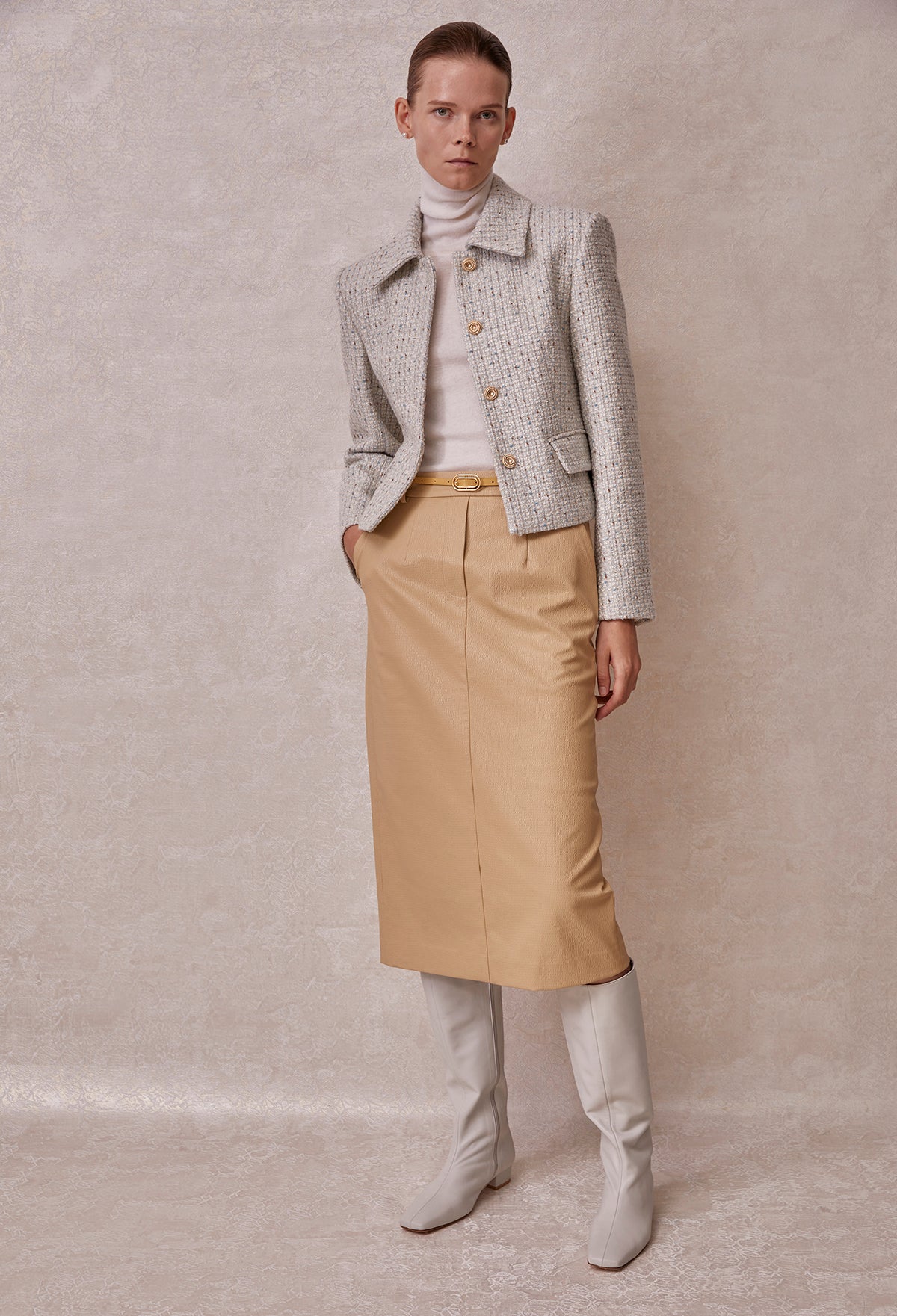 Back-slit Leather Skirt In Beige