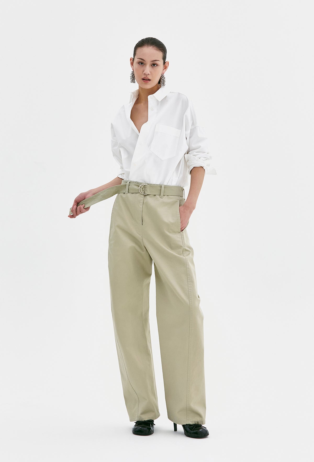 Belted Cotton Pants In Light Khaki